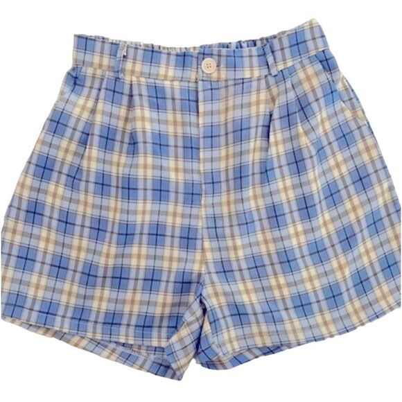 High Waist Shorts Tailored Blue Plaid Pleated Front Pockets Shorts Size L - Picture 1 of 5